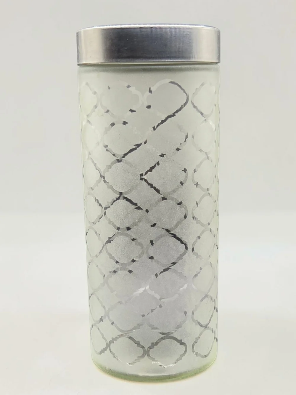 11” Moroccan Ogee Frosted Glass Storage Jar Canister Brushed Silver Lid **